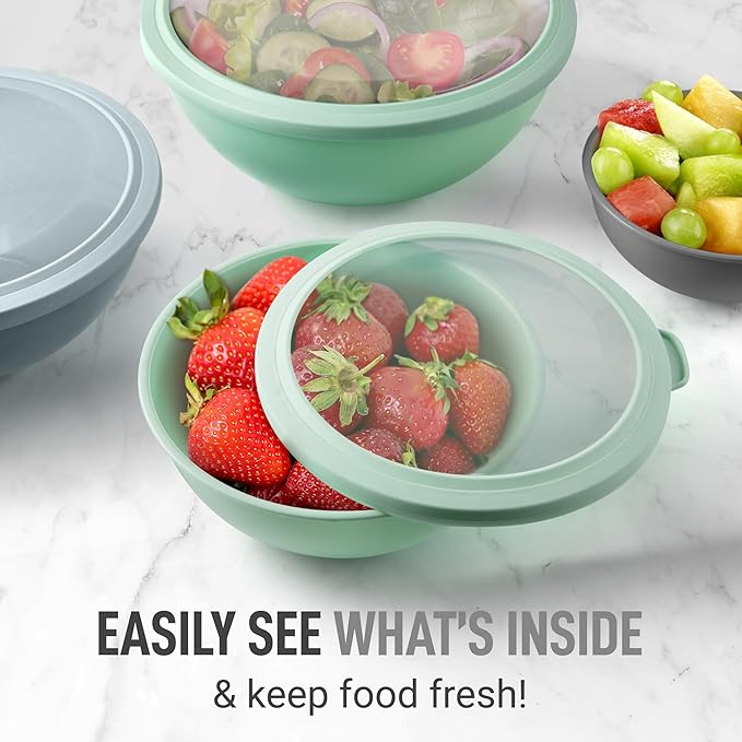 Zulay Kitchen 12 Piece Plastic Nesting Mixing Bowl Set - Colorful Bowls with Lids - Microwave and Freezer Safe (Mint Ombre) - Image 5