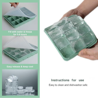 Ice Cube Trays Set of 3, Easy Release 15 Flexible Silicone Ice Cube Molds with Removable Lid Reusable Freezer Ice Trays Stackable for Whiskey, Baby Food, Green