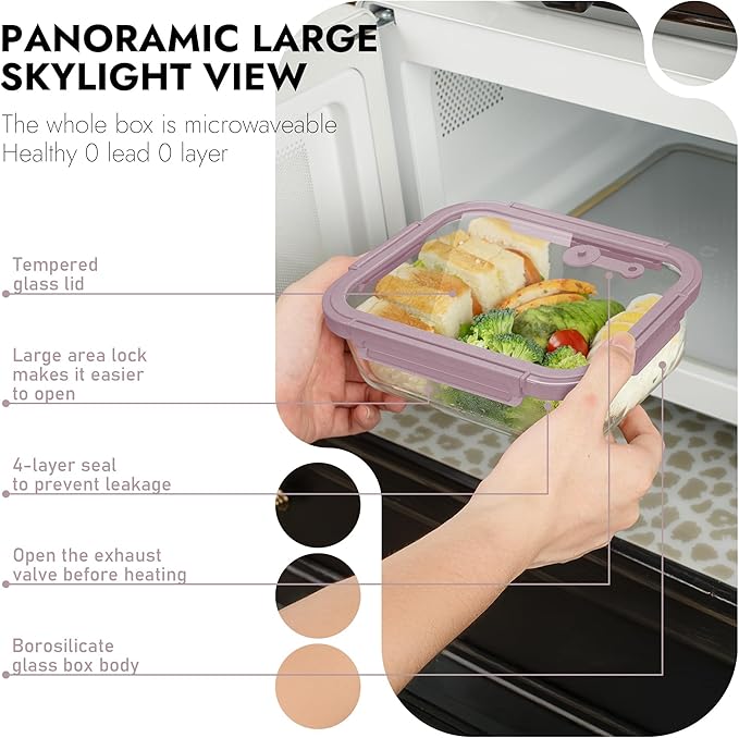 10-Pack Glass Food Storage Containers with Tempered Lids – Borosilicate, Airtight, Oven-Safe (-4°F~950°F), BPA-Free, 4.4 & 1.6 Cup, Leak-Proof, Dishwasher Safe (Pink) - Image 5