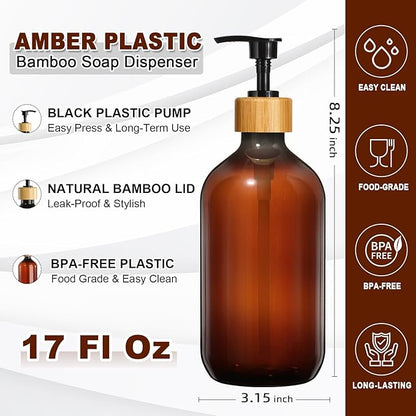 KASUNTING Amber Soap Dispenser Plastic, Brown Dish Soap Dispenser with Bamboo Pump for Kitchen,17 Fl Oz Hand and Dish Dispenser Set for Bathroom, Farmhouse Liquid Soap and Lotion Dispensers Bottle - Image 3