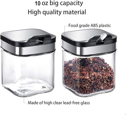Condiment Jar Spice Container with 304 Stainless Steel Lids and Spoons,Clear Glass Condiment Canisters Pots Seasoning Box Salt Container Sugar Bowl Set of 2 for Kitchen, Counter, Food Storage