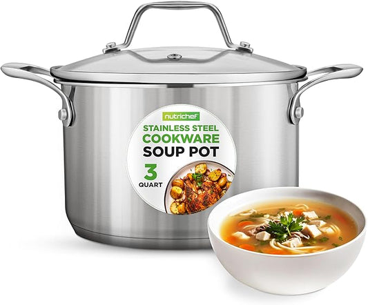 NutriChef 3-Quart Stainless Steel Soup Pot - 18/8 Food Grade Heavy Duty Cookware, Stock Pot, Stew Pot, Simmering Pot Kitchenware w/See Through Lid, Dishwasher Safe, For Induction Gas Ceramic Cooktops by NutriChef%E2%84%A2Kitchen