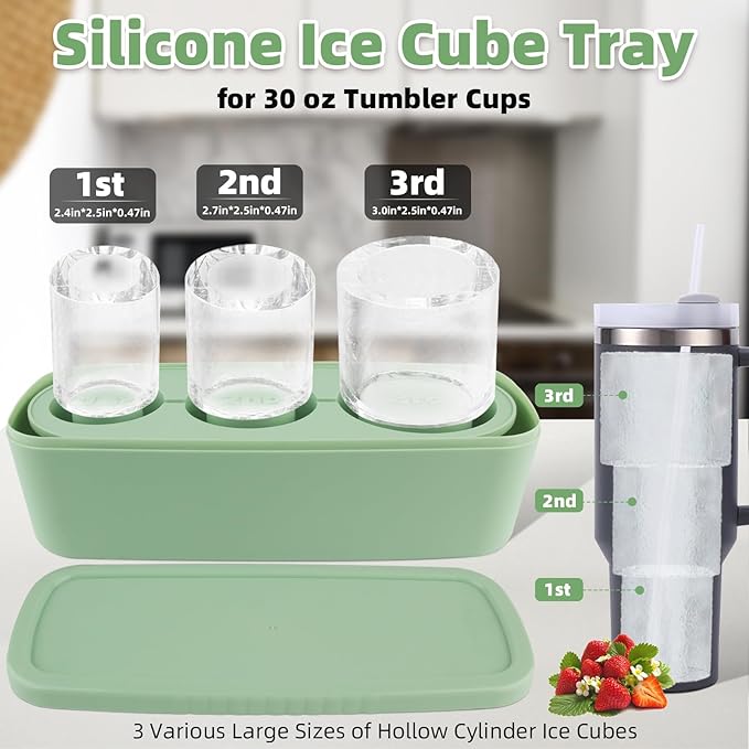 Tcamp Ice Cube Tray for 30 oz Tumbler Cup Ice Mold, 3 Pcs Silicone Hollow Cylinder Ice Tray with Lid and Bin for Freezer, Ice Drink, Juice, Whiskey, Cocktail (Green)