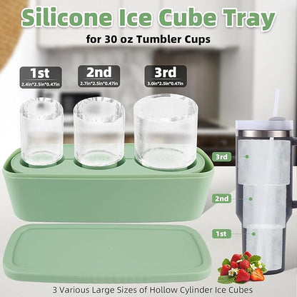 Tcamp Ice Cube Tray for 30 oz Tumbler Cup Ice Mold, 3 Pcs Silicone Hollow Cylinder Ice Tray with Lid and Bin for Freezer, Ice Drink, Juice, Whiskey, Cocktail (Green)