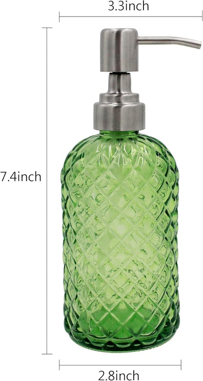 16 oz Diamond Pattern Glass Soap Dispenser, Kitchen and Bathroom Refillable Soap Dispenser with Rust Resistant Stainless Steel Pump for Hand Soap, Lotion Glass Liquid Dispenser(Green-2pack) - Image 3