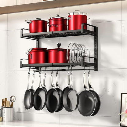 19"- 30" Expandable Hanging Pot Rack, 2 Tier Heavy Duty Wall Mounted Pots and Pans Organizer with 10 Hooks and 5 Pot Lid Holders, Pot Hanger Shelf for Kitchen Cookware Utensils Organizers and Storage by PXRACK