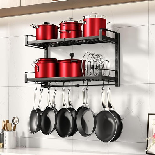19"- 30" Expandable Hanging Pot Rack, 2 Tier Heavy Duty Wall Mounted Pots and Pans Organizer with 10 Hooks and 5 Pot Lid Holders, Pot Hanger Shelf for Kitchen Cookware Utensils Organizers and Storage by PXRACK
