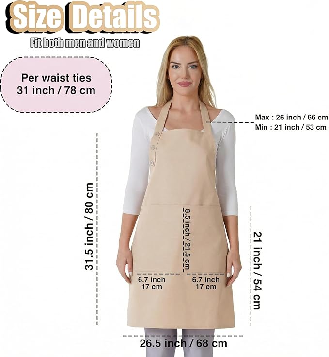 TOSHE Kitchen Apron Waterdrop Resistant Cotton Apron with adjustable Aprons for Women with Pockets 10 Color option Cooking Beige Apron(Beige) - Image 5