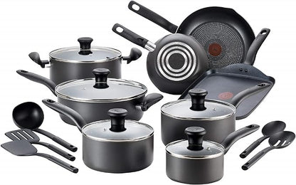 T-fal Initiatives Nonstick Cookware Set 18 Piece, Oven Broiler Safe 350F, Kitchen Cooking Set w/Fry Pans, Saucepans, Stockpots, Skillet, Spoons, Lids Pots and Pans Set Non Stick Dishwasher Safe Black by T-falbrand
