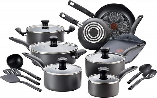 T-fal Initiatives Nonstick Cookware Set 18 Piece, Oven Broiler Safe 350F, Kitchen Cooking Set w/Fry Pans, Saucepans, Stockpots, Skillet, Spoons, Lids Pots and Pans Set Non Stick Dishwasher Safe Black by T-falbrand