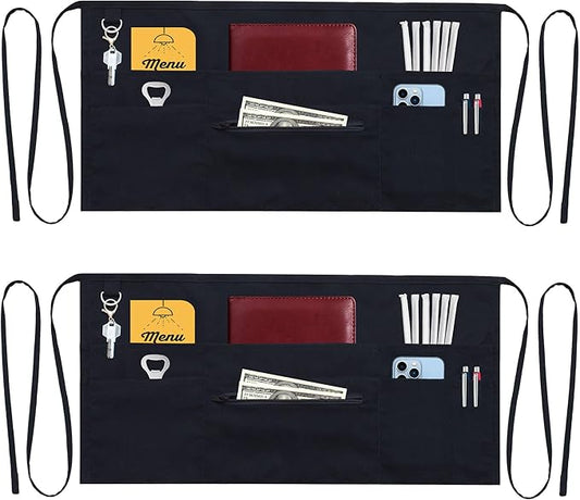7 Pockets Server Aprons with Zipper Pocket (2 Pack) - Aprons for Women Men - Waiter Waitress Waist Half Apron 24x12