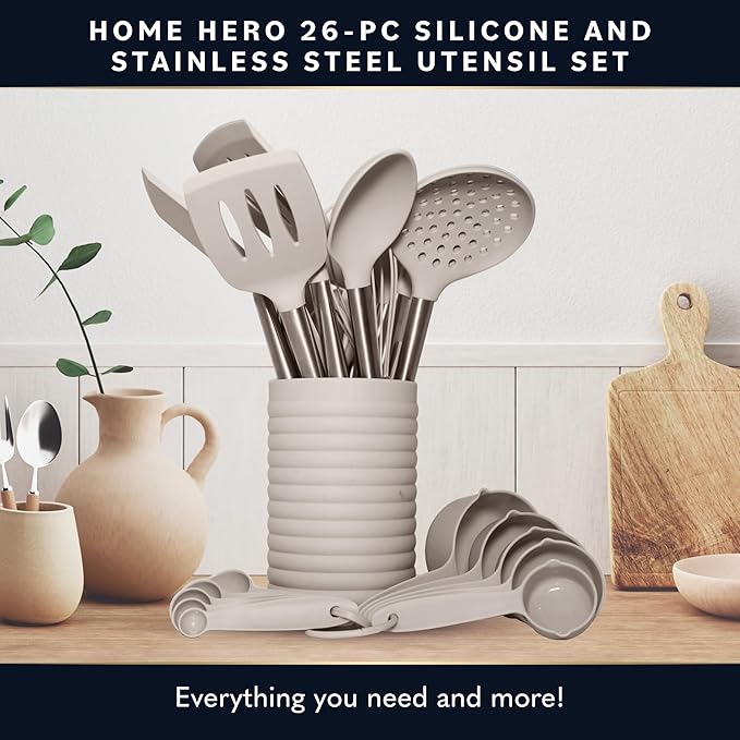 Home Hero Silicone Kitchen Utensils Set - Heat Resistant Non-Scratch Cooking Utensils - Ergonomic Silicone Spatula Set - Dishwasher Safe Kitchen Tools - 26 Piece, Stone - Image 4