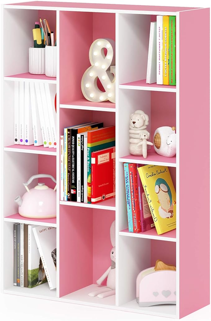 Furinno LUDER Book Shelf, 11-Cube Bookshelf, Reversible Bookcase, 9.4 x 29.1 x 41.7, Easy Assembly, for Living Room, Bedroom, Home Office, White/Pink by Furinno-FitsYourSpaceFitsYourBudget