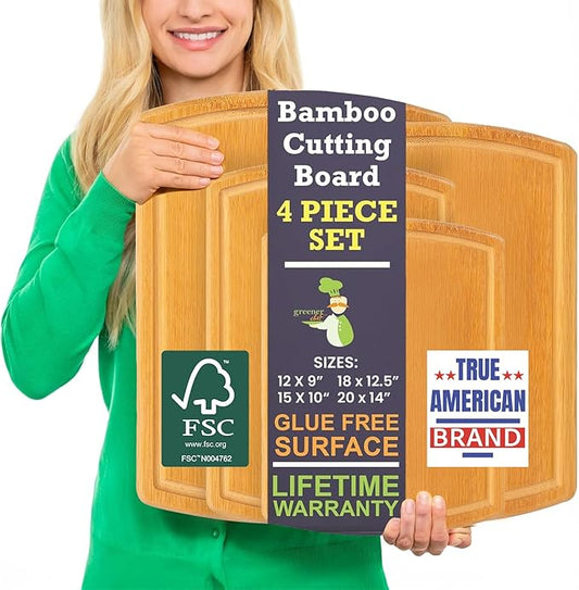 Glue-Free Surface™ 2XL Extra Large Bamboo Cutting Board Set of 4 – Small, Medium, XL, and Oversized Sizes from Chopping Vegetables to Carving Meat & Turkey for Large Family Meal Prep and Gatherings by GreenerChef