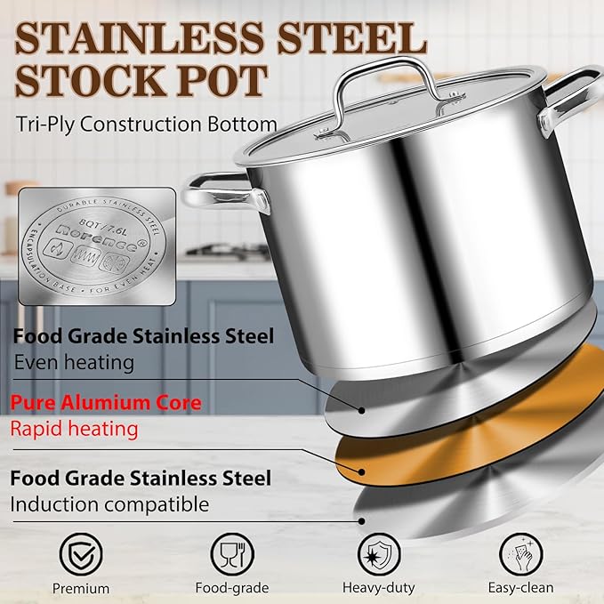 Rorence Stainless Steel Stock Pot, Tri-Ply Base Large Pot Induction Cooking Pot with Lid for All Stoves, Oven & Dishwasher Safe, 8-Quart