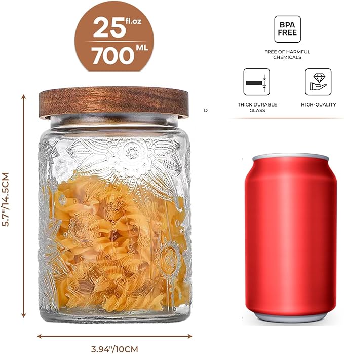 Adodeen 24oz Vintage Glass Canister With Lid Small Glass Jars Wide Mouth Mason Jars Airtight Coffee Canisters Kitchen Storage Containers For Sugar Tea Spice Flour Candy Cookie Cereal Cute Decorative - Image 4