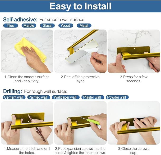 CUXIXA Paper Towel Holder Under Cabinet, Upgraded Adhesive Paper Towel Holder Wall Mount for Kitchen, Bathroom, RV, Bend-Resistant, Self-Adhesive or Drill mounting, Stainless Steel, Gold - Image 7
