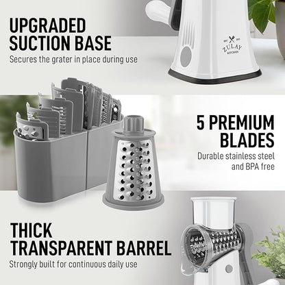 Zulay Kitchen Rotary Cheese Grater 5 Blade Cheese Shredder - Manual Hand Crank Cheese Grater With Reinforced Suction & 5 Interchangeable Drums - Easy to Use, Vegetable Chopper Round Mandoline Slicer - Image 7
