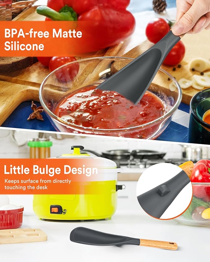 Cooking Spoon for Nonstick Cookwares, Great for Cooking and Serving Sturdy BPA-Free Matte Silicone, Wood Handle Spoon for Mixing, Scoop, and Scrape (2 Pack of Grey, 11.4 inch) - Image 5