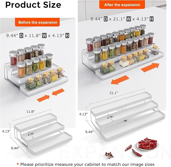 2 Pack Expandable Spice Rack Organizer for Cabinet - 3 Tier Adjustable Cabinet Spice Organizer Easy Visibility - Spice Organizer for Cabinet Countertop Cupboard Pantry Organization (White) - Image 2