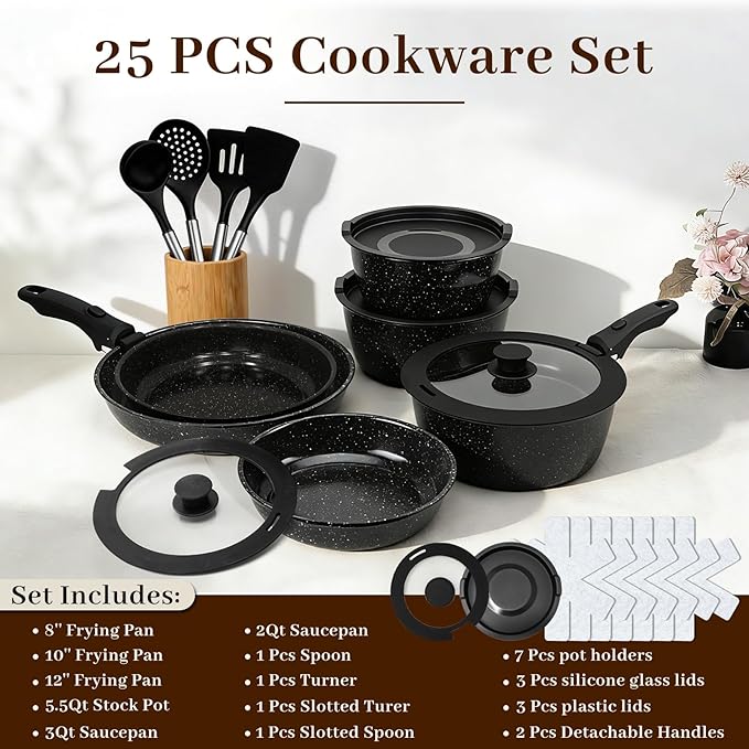 Pots and Pans Set - Non Stick 25 Pieces Cookware Set Pots and Pans with Detachable Handles, Includes Pans, Pots, Utensils, Trivets for Hot Dishes, Lids, Space-Saving Cookware - Image 2