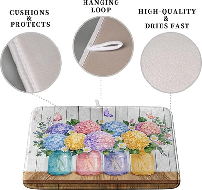 Hydrangea Dish Drying Mat for Kitchen Counter Spring Summer Floral Vases dish mat Microfiber Absorbent Dish Drainer Pad Rustic Farmhouse Floral Wooden Board Dish Draining Mats 18x24 Inch - Image 3
