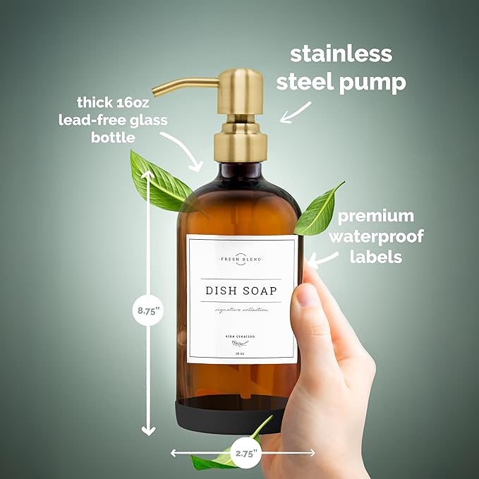 Vine Creations Amber Glass Soap Dispenser, 2 Pack Kitchen Soap Dispenser Set with Stainless Steel Pump, 16 oz Hand Soap and Dish Soap Dispensers for Kitchen or Bathroom with Waterproof Labels - Image 6