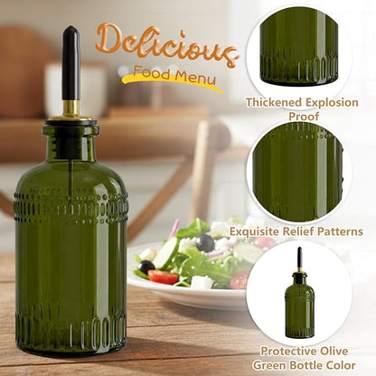 3 Pack Olive Oil Dispenser 7oz, Olive Green Glass Bottle with Metal Spout and Lid, Vinegar Cruet Kitchen Small Oil for Cooking, Salad, Baking (Elegant) - Image 3