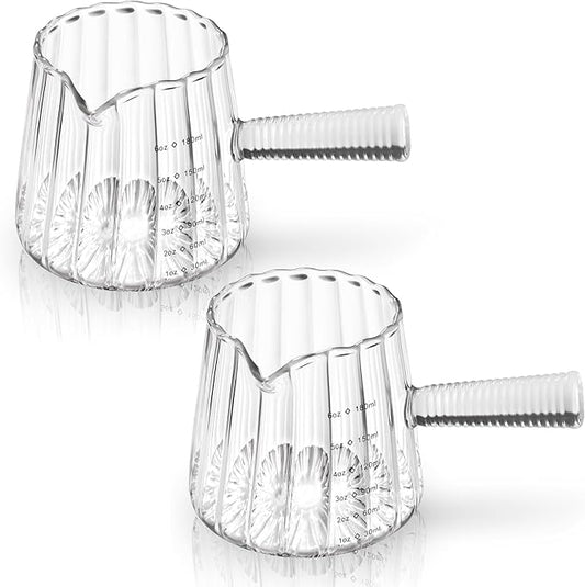 2 Pack Espresso Measuring Cup, 6oz Borosilicate Glass Espresso Cups with Glass Handle, V-Shaped Spout Milk Frothing Cup for Coffee, Tea, Syrup – Dishwasher Safe