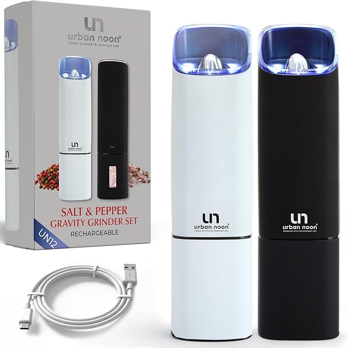 Automatic Salt and Pepper Grinder Set - Rechargeable Electric Salt and Pepper Shakers with Adjustable Coarseness, LED Light, One-Handed Use, Gravity Salt Grinder and Electric Pepper Mill by urbannoon