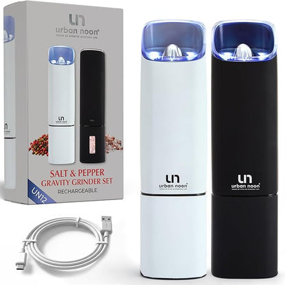 Automatic Salt and Pepper Grinder Set - Rechargeable Electric Salt and Pepper Shakers with Adjustable Coarseness, LED Light, One-Handed Use, Gravity Salt Grinder and Electric Pepper Mill by urbannoon