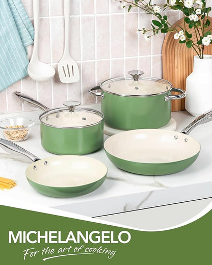 MICHELANGELO Pots and Pans Set Non Stick - Titanium Cookware Set Non Toxic Ceramic Coating, 8-Pcs Nonstick Pots and Pans with Ergonomic Handle, Dishwasher Safe & Induction Compatible, Green - Image 8