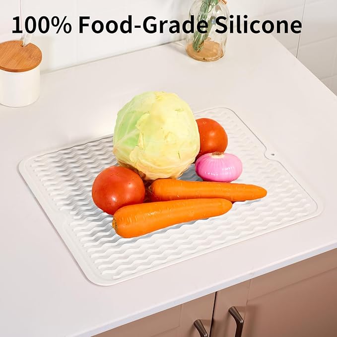 ZLR Silicone Dish Drying Mat & Heat Resistant Trivet (12" x 16") - Waterproof Counter Protector for Air Fryer, Coffee Maker - Non-Slip, BPA Free Kitchen Pad, Easy Clean Dishwasher Safe (Milk White) - Image 9