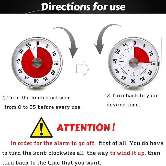 Visual Kitchen Timer for Cooking and Kids with Loud Alarm, Classroom Timers for Desk, No Batteries Required, Mechanical Desk Timer, Magnetic Egg Timer for Study, Chef Clock, Stainless Steel, Countdown - Image 7