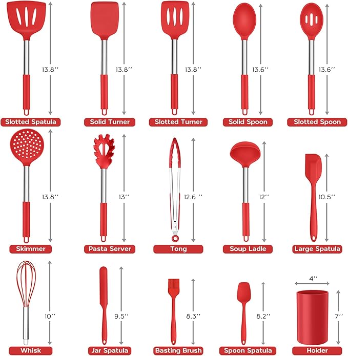 Onader 15 Pcs Silicone Cooking Utensils Set, Red Kitchen Utensils Spatula Set with Holder, Large Kitchen Gadgets Tools for Nonstick Cookware - Image 2