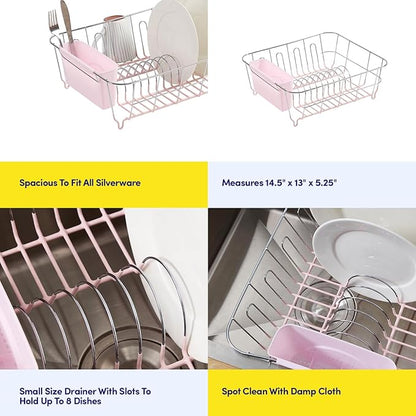 Dish Drying Rack & Cutlery Holder 2 Piece Set - Compact Sink-Fitting Dish Drainer with Rubberized Undercoating, Space-Saving Kitchen Organizer for Plates, Cups, Bowls & Utensils in Sink, Pale Pink - Image 6
