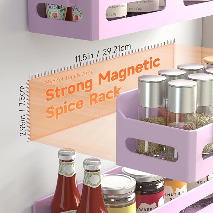 Sevenblue 4 Pack Strong Magnetic Spice Rack for Refrigerator, Multipurpose Magnetic Shelf for Fridge with 4 Hooks for kitchen and Bathroom Organization, Pink - Image 2