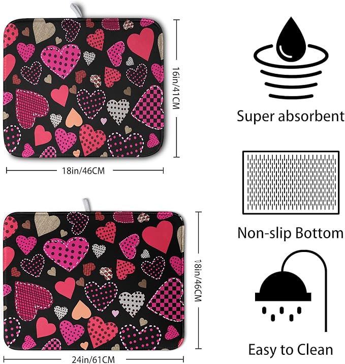 Valentine's Day Kitchen Drying Mats for Dishes 16x18 Inch Love Heart Dish Drying Mat Black Pink Polka Dots Dish Drainer Mat Super Absorbent Dish Rack Pad for Coffee Bar Sinks - Image 2