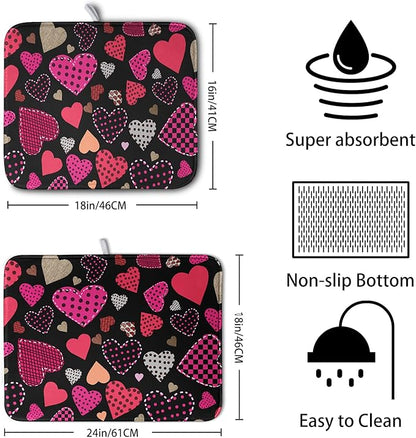 Valentine's Day Kitchen Drying Mats for Dishes 16x18 Inch Love Heart Dish Drying Mat Black Pink Polka Dots Dish Drainer Mat Super Absorbent Dish Rack Pad for Coffee Bar Sinks - Image 2