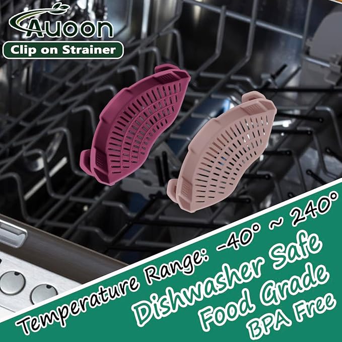 AUOON Clip on Strainer for Pots and Pans - Silicone Food Strainer for Draining Pasta, Spaghetti, Noodles, Fruits, Vegetables, Grease, Ground Beef (Almond Rose) - Image 3
