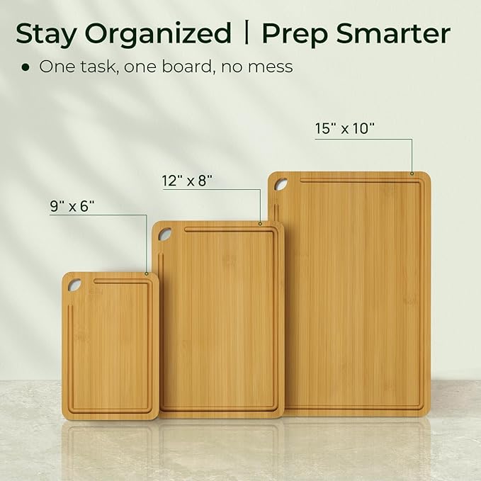Keechee Wood Cutting Board for Kitchen - Reversible Bamboo Cutting Boards Gift Set of 3 with Juice Groove, Wooden Chopping Board for Meat, Fruit, Vegetables & Cheese (Pre Oiled, Natural) - Image 6