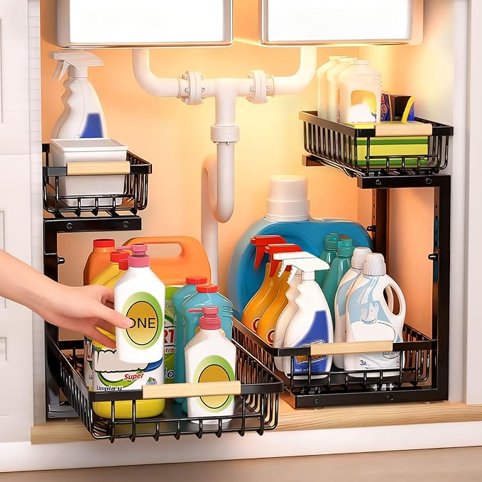Under Sink Organizer, Heavy-Duty & Rust-Resistant Carbon Steel Metal, 2 Tier Pull Out Under Bathroom Sink Storage, Adjustable Height (13.8" -16.9"), Organizer for Kitchen Cabinet(2PCS,Black) by Unknown