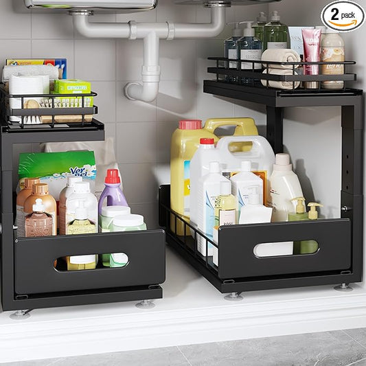 Under Sink Organizer Upgrade To Professional Rails,2-Tier Dual Pull Out Cabinet Storage,Height Adjustable Slide Out Drawers For Bathroom Kitchen,2 Pack-14.5"Dx12.8"-16.9"H,Black by UnderSinkOrganizer