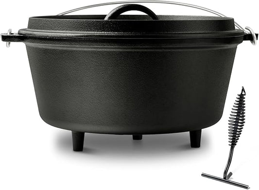 10 QT Pre-Seasoned Cast Iron Camp Dutch Oven with Lid, Large Camping Dutch Oven Pot, incl. Lid Lifter - Dual Handles - for Outdoor Campfire, Grill, Oven&Stovetop Cooking - Black by Blingco