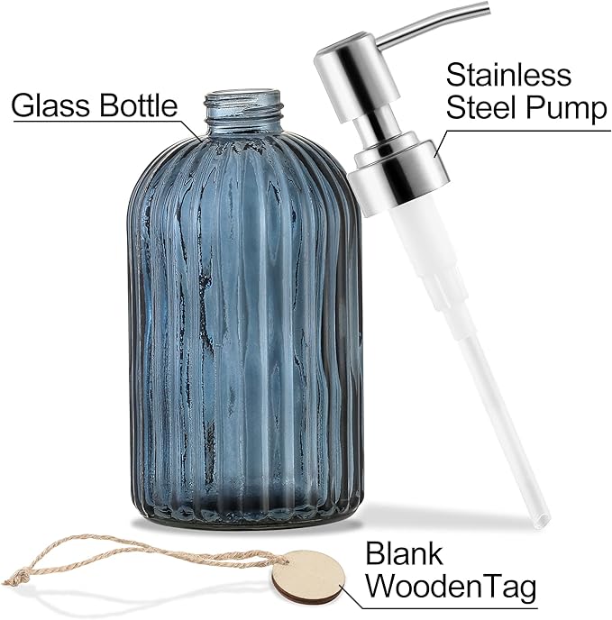 MOCLIF 16 OZ Soap Dispenser，Tempered Glass Clear Vertical Stripe with 304 Rust Proof Stainless Steel Pump Refillable Liquid Hand Soap Dispenser，for Bathroom, Kitchen, Dish Soap，Lotion (Blue Grey) - Image 3