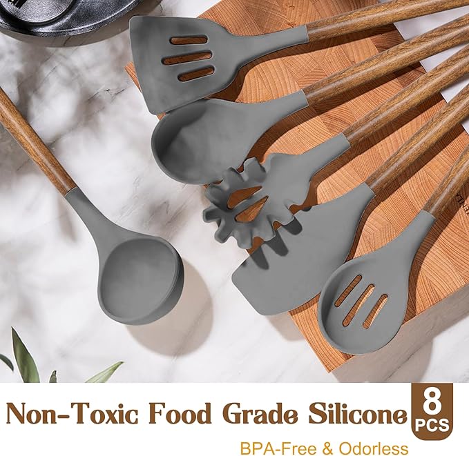 Umite Chef Silicone Cooking Utensil Set, 8-Piece Kitchen Utensils Set with Natural Acacia Wooden Handles,Food-Grade-Silicone Kitchen Gadgets and Spatula Set for Nonstick Cookware - Grey - Image 2