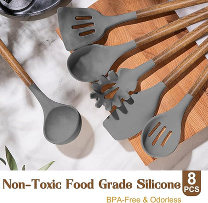 Umite Chef Silicone Cooking Utensil Set, 8-Piece Kitchen Utensils Set with Natural Acacia Wooden Handles,Food-Grade-Silicone Kitchen Gadgets and Spatula Set for Nonstick Cookware - Grey - Image 2