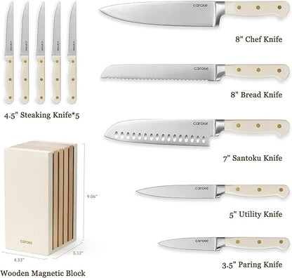 CAROTE 11 Pieces Knife Set with Block for kitchen, Stainless Steel Razor-Sharp Blade, Triple Riveted Ergonomic Handle, Wooden Magnetic Block, Essential Knife Block Set, Beige - Image 2