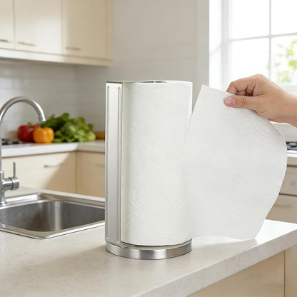 ZUNTO Paper Towel Holder for Countertop, Freestanding Kitchen Paper Towel Organizer, One-Hand Tear Paper Towel Rack, Heavy Duty and Non-Slip, Silver