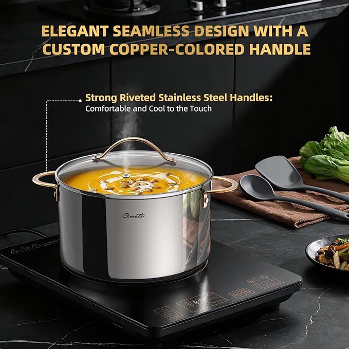 Ciwete 8 Quart Stock Pot with Lid, Upgraded Tri-Ply Stainless Steel Pot, Seamless Soup Pot with Stay-Cool Brass Handle, Healthy Polished Stockpots, Induction Cookware, Oven and Dishwasher Safe - Image 6